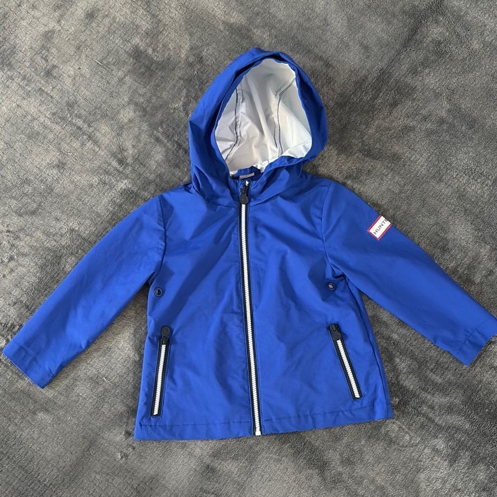 Hunter Blue Hooded Rain Jacket with White Lining